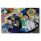 Canvas art print portraying a dense abstract composition with figures and forms suggested through bold color contrasts, set against a white background
