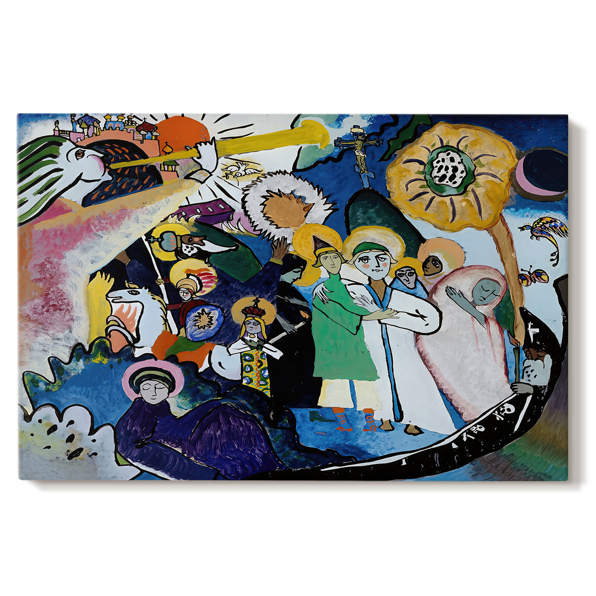 Canvas art print portraying a dense abstract composition with figures and forms suggested through bold color contrasts, set against a white background