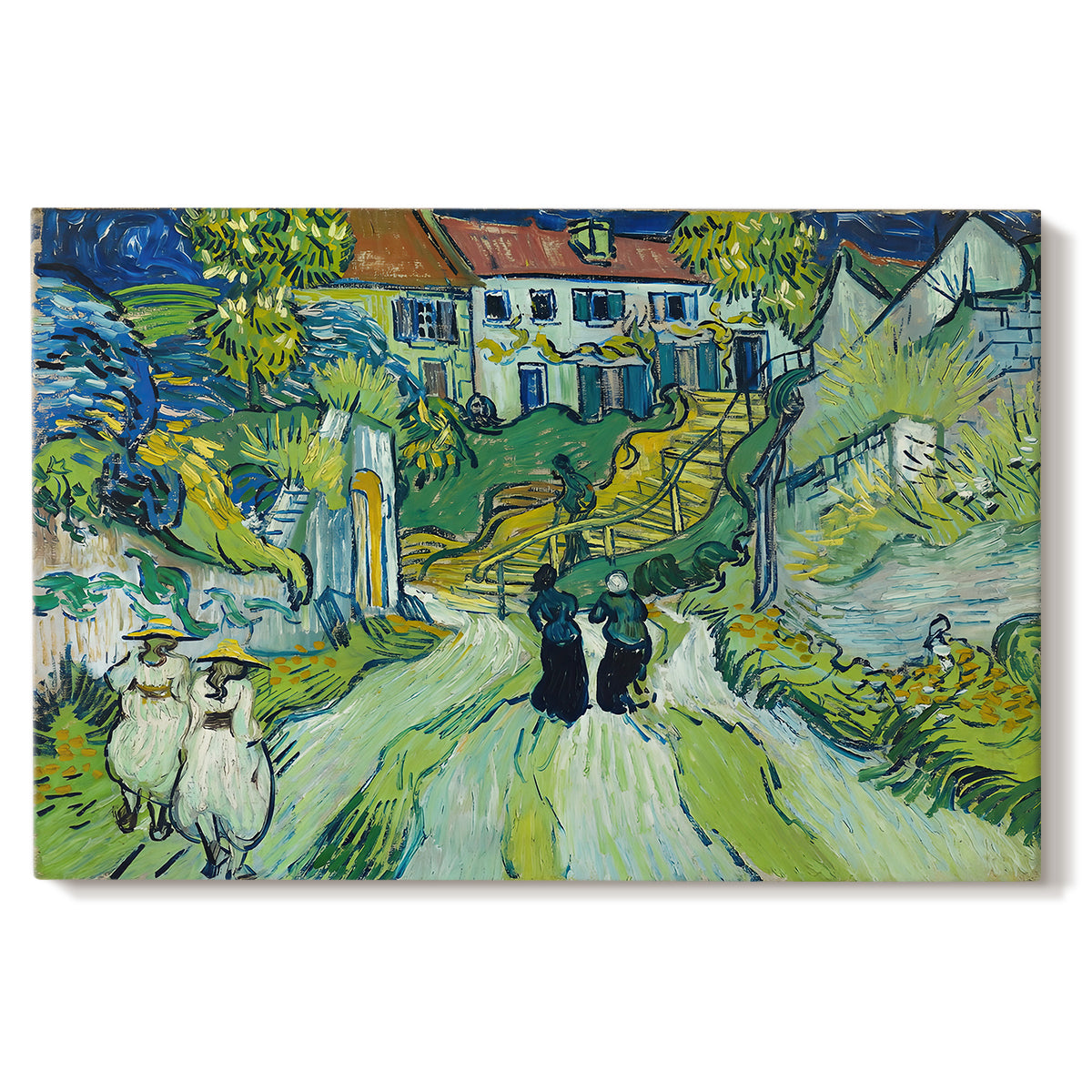 Canvas art print portraying a steep stairway between buildings leading upward through village setting, set against a white background