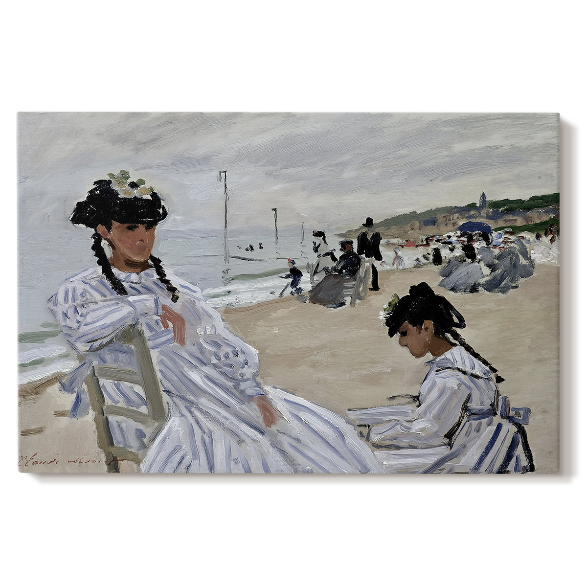 Canvas art print portraying figures seated on beach with parasols facing the ocean, set against a white background