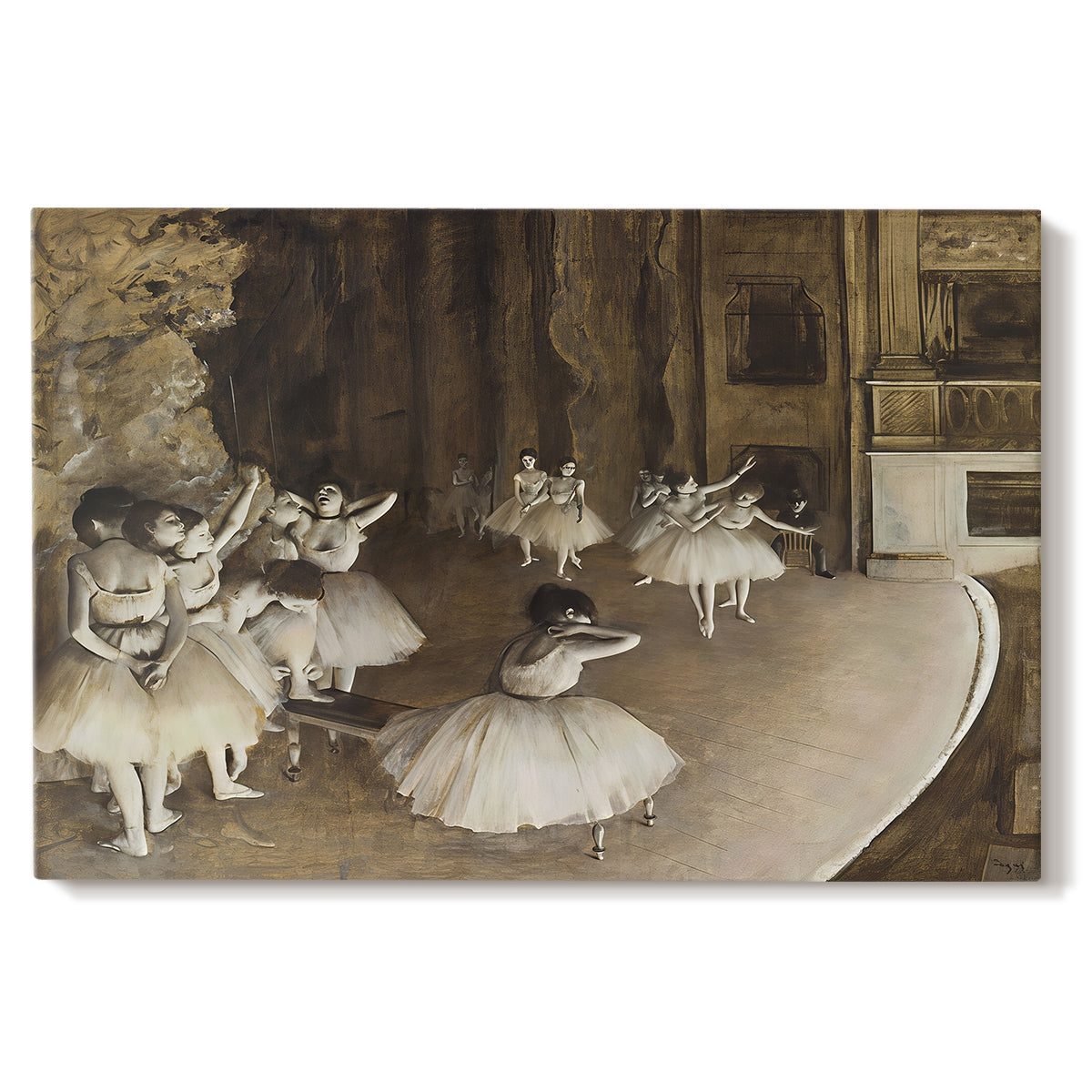 Canvas art print portraying ballerinas rehearsing on stage with set backdrop and lighting, set against a white background