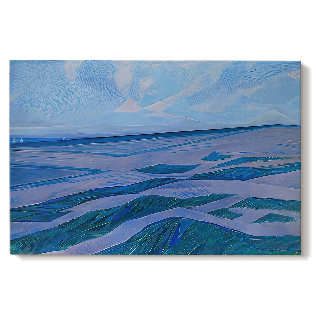 Canvas art print portraying coastal dunes and water in horizontal color bands, set against a white background