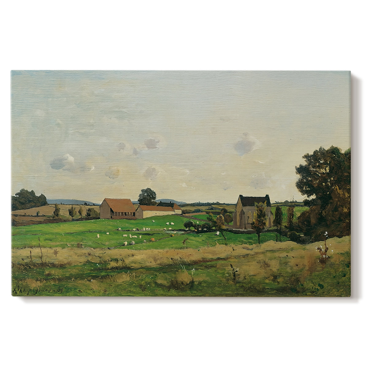 Canvas art print portraying an estate building surrounded by trees and open pastoral landscape, set against a white background