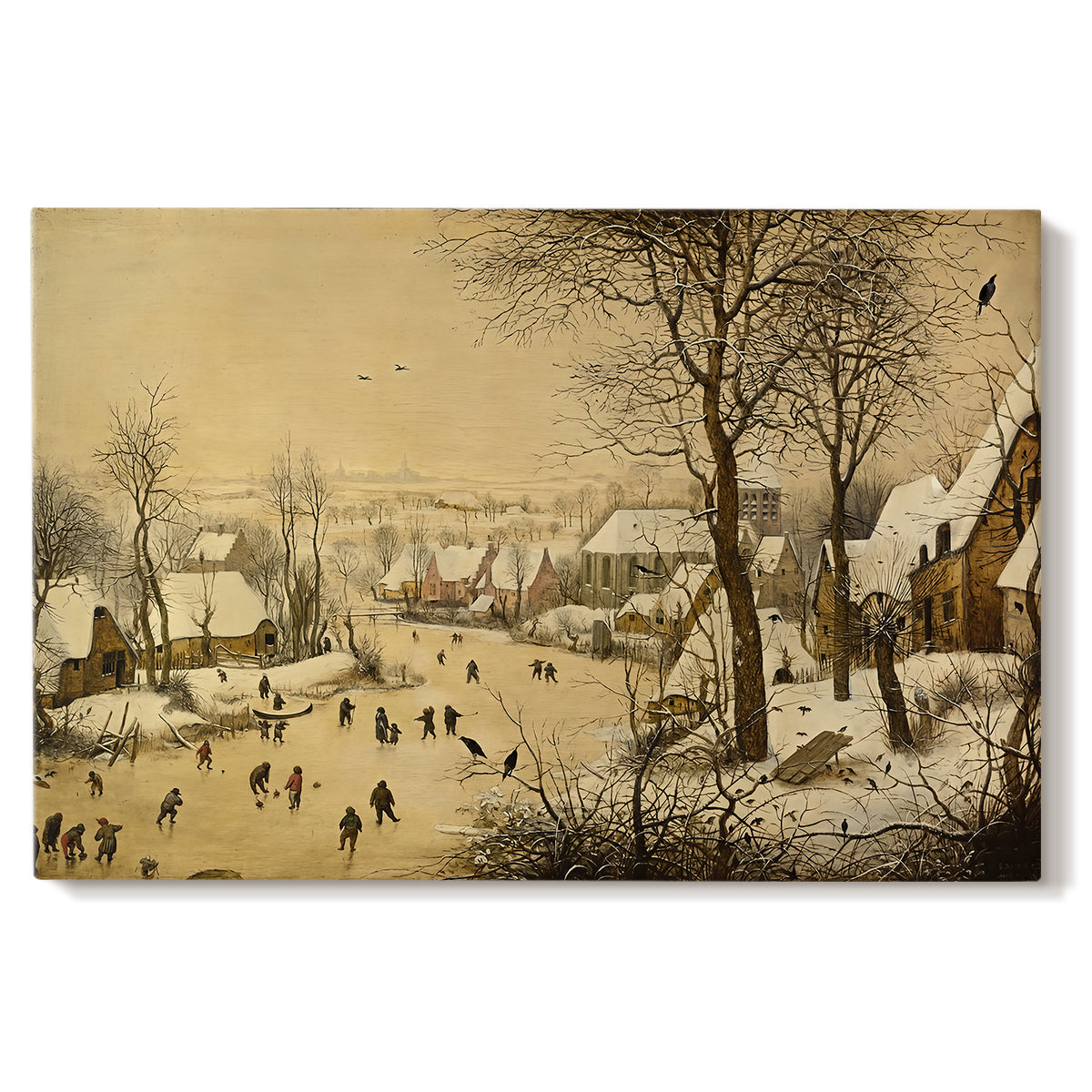 Canvas art print portraying a village scene with skaters on frozen river, set against a white background