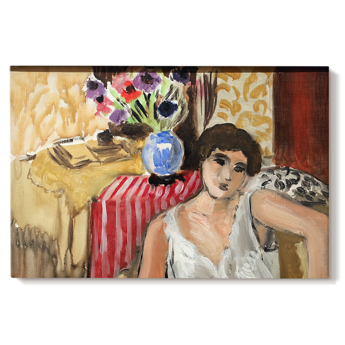 Canvas art print portraying a seated woman in an armchair in a colorful interior, set against a white background