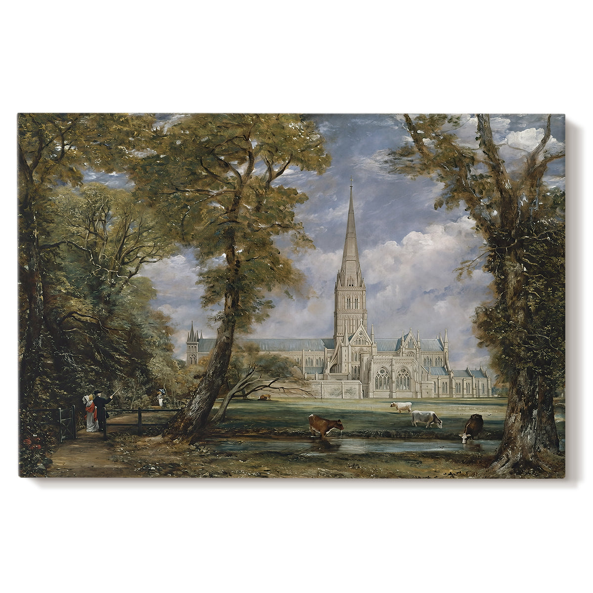 Canvas art print portraying a cathedral rising above landscape with trees, set against a white background