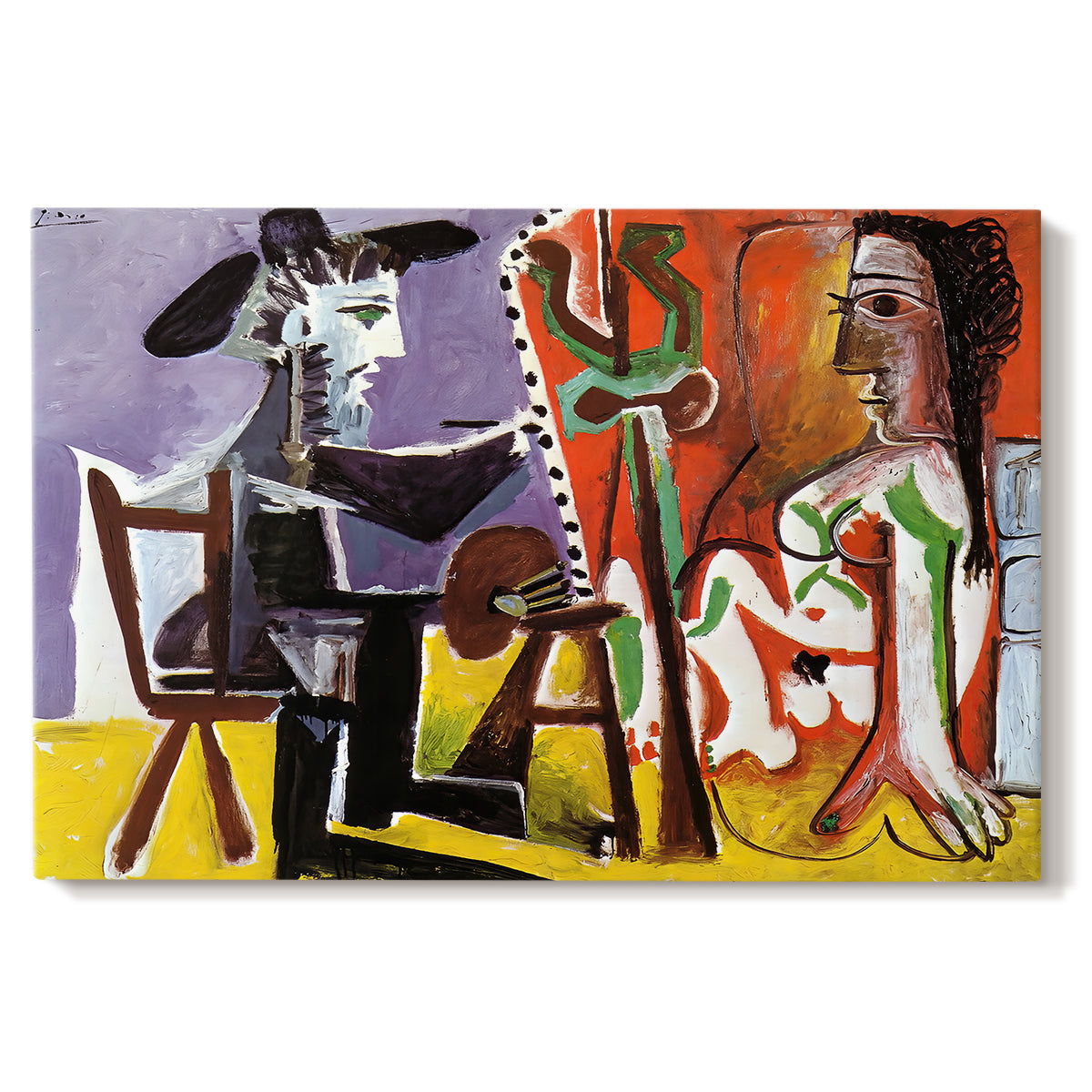 Canvas art print portraying an artist and model in interior using fragmented geometric forms, set against a white background
