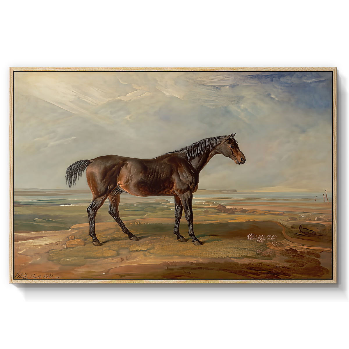 Dr. Syntax, a Bay Racehorse, Standing in a Coastal Landscape, an Estuary Beyond, c. 1820 - Floater Framed Canvas Print