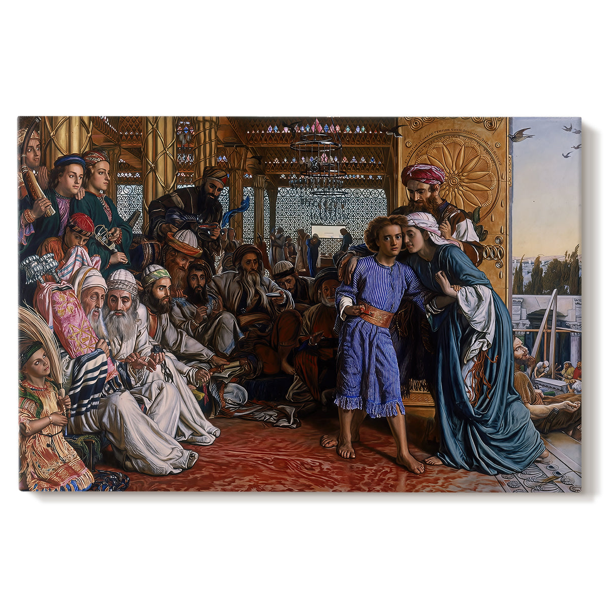 Canvas art print portraying a large group gathered in temple interior around central young figure, set against a white background