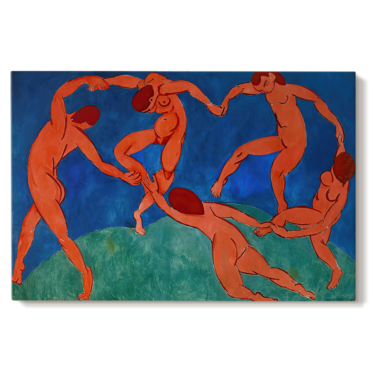Canvas art print portraying dancing figures holding hands in a circular rhythm against a bold background, set against a white background