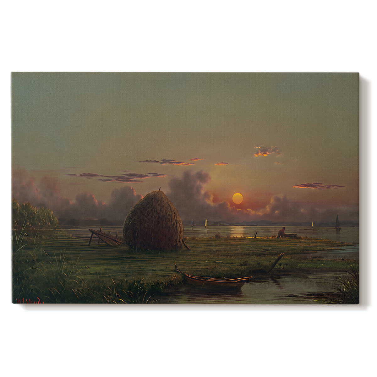 Canvas art print portraying a haystack in field under warm sunset sky, set against a white background