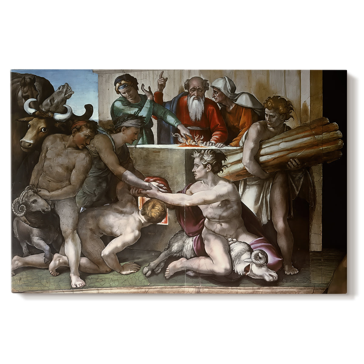 Canvas art print portraying a group of figures around altar performing sacrificial ritual, set against a white background