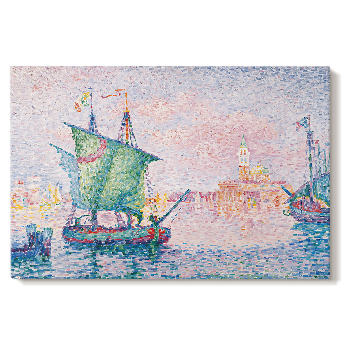 Canvas art print portraying a Venetian waterfront under pink sky, set against a white background