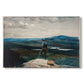 Canvas art print portraying a figure standing in small boat on open water with distant hills behind, set against a white background