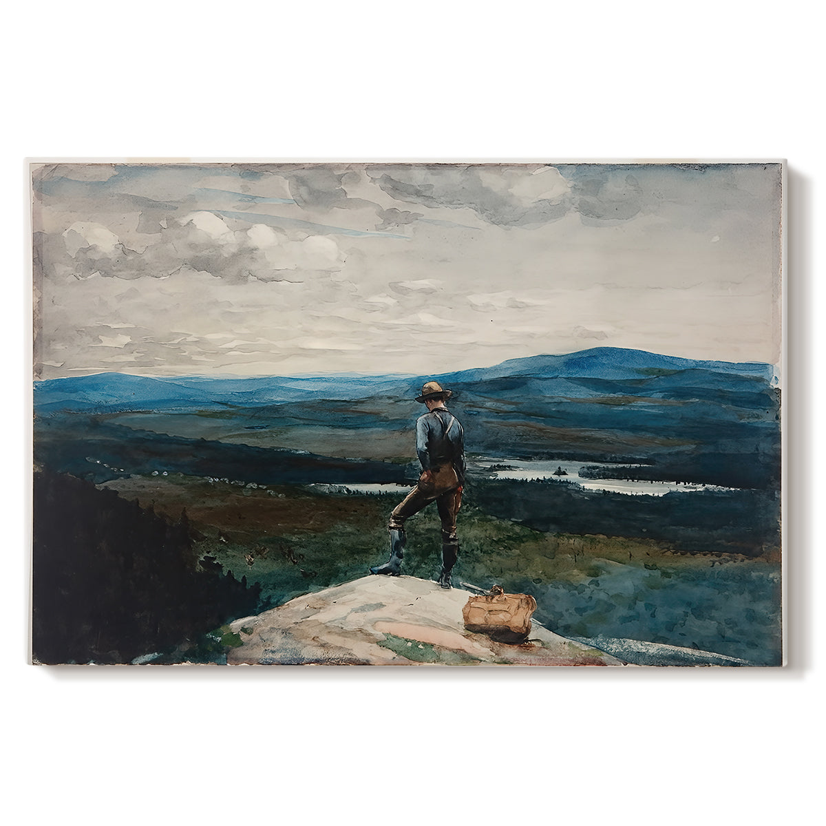 Canvas art print portraying a figure standing in small boat on open water with distant hills behind, set against a white background