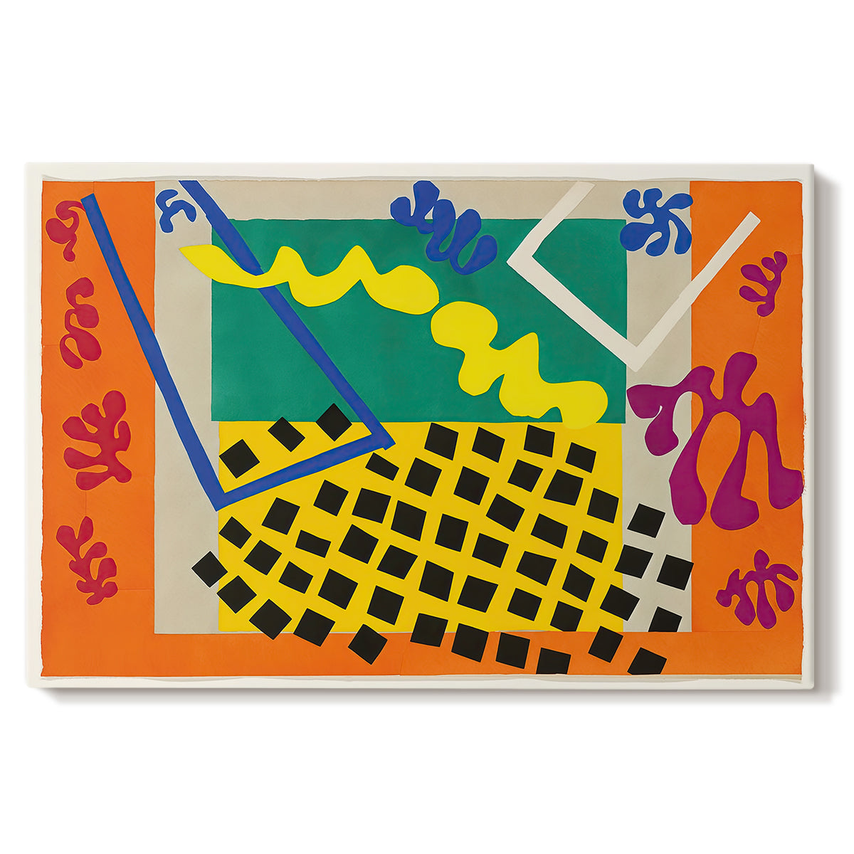 Canvas art print portraying an abstract arrangement of organic cut-out shapes in bold contrasting colors, set against a white background