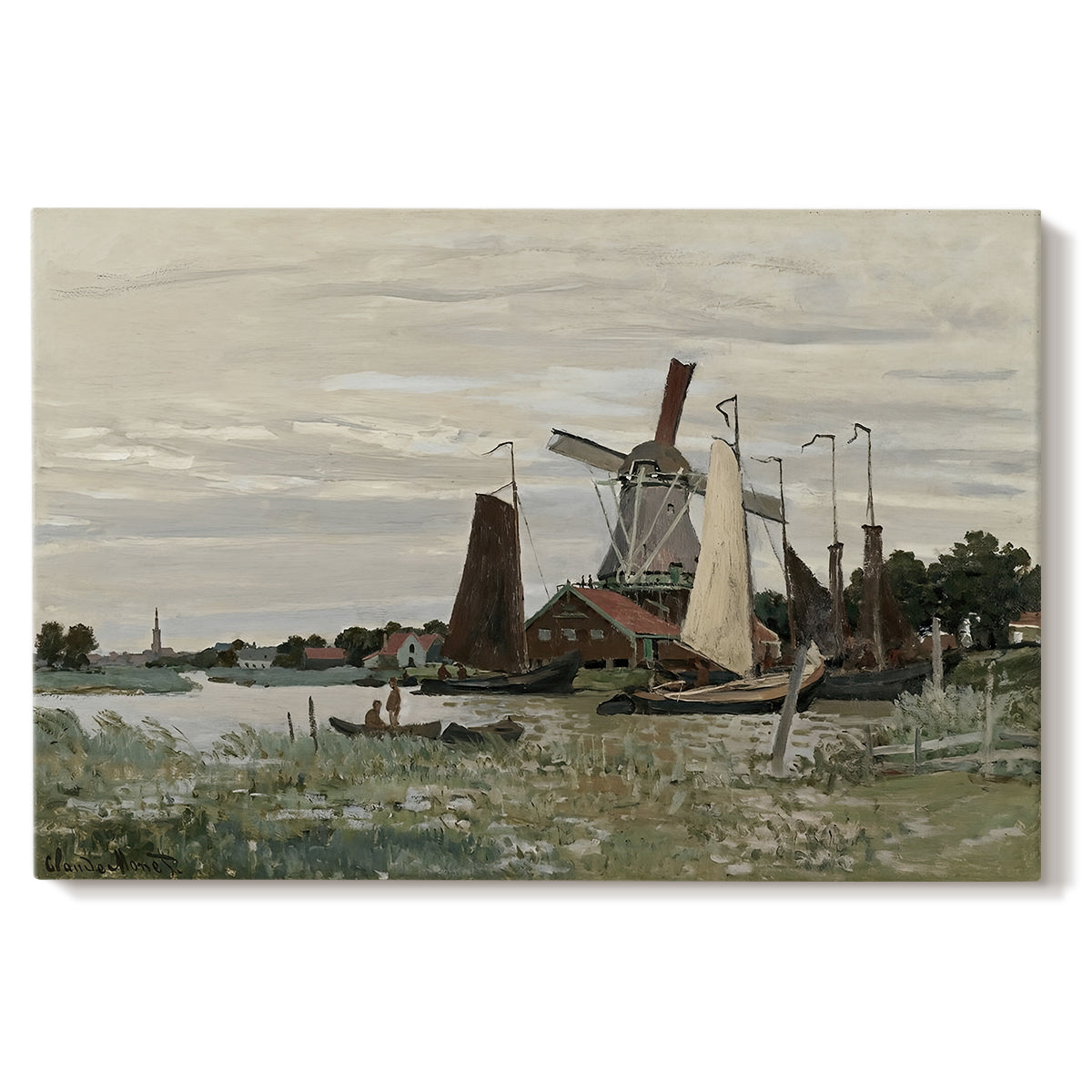 Canvas art print portraying a single windmill beside water with surrounding buildings and sky, set against a white background
