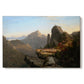 Canvas art print portraying a rugged mountain landscape with small figures near water and rocky cliffs, set against a white background