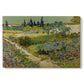 Canvas art print portraying a lush garden filled with plants and flowers arranged in bright sunlight, set against a white background