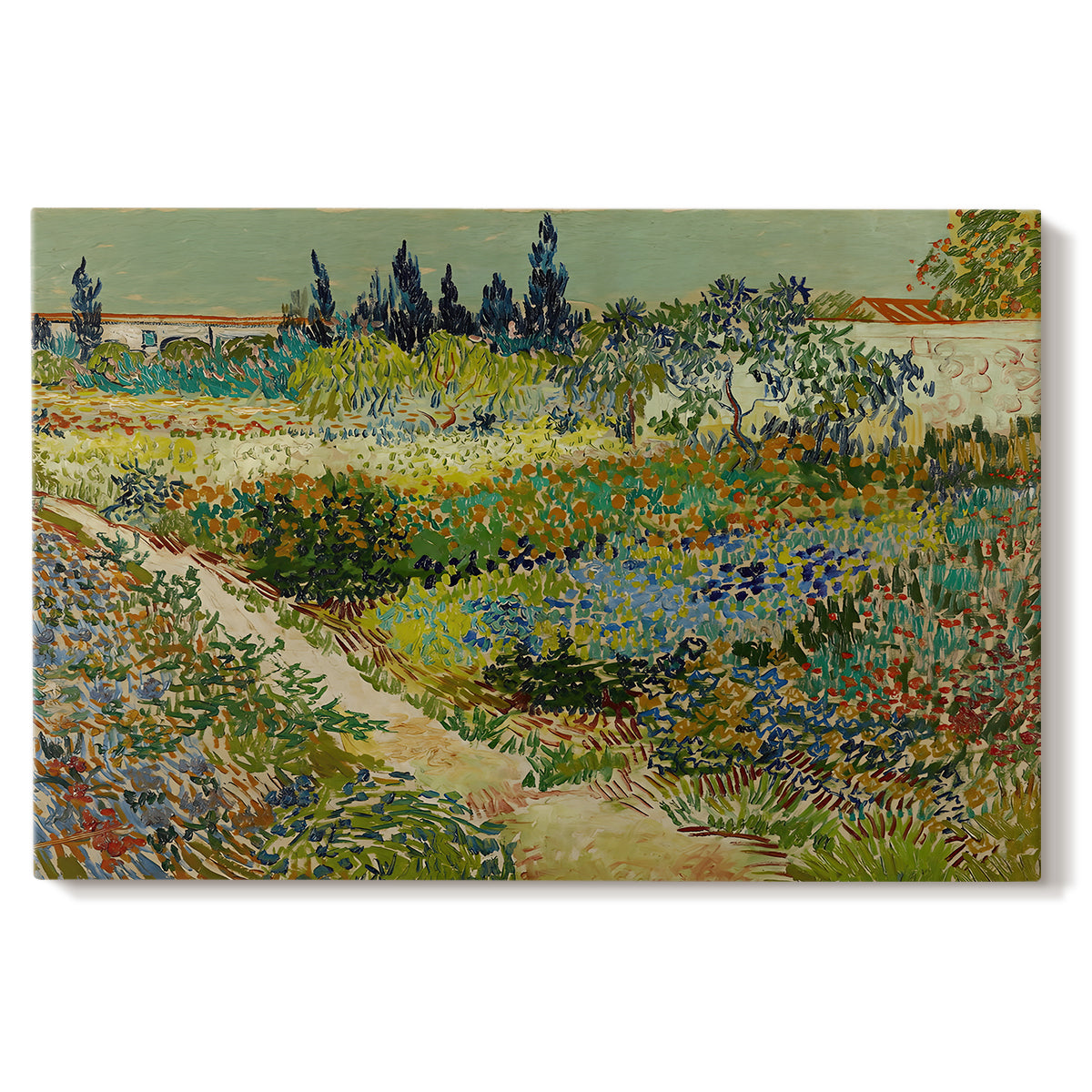 Canvas art print portraying a lush garden filled with plants and flowers arranged in bright sunlight, set against a white background
