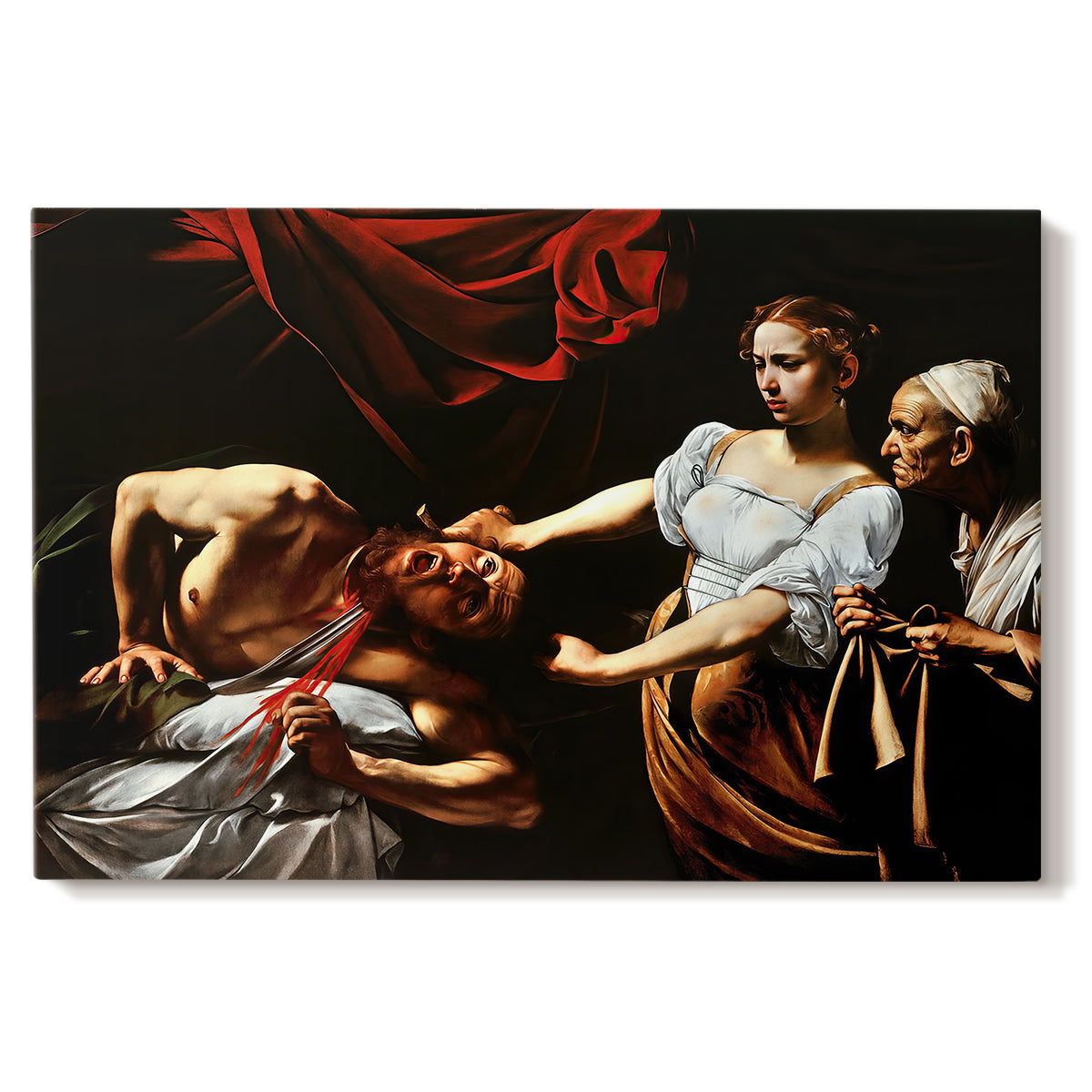 Canvas art print portraying Judith cutting off Holofernes' head as maidservant assists beside her, set against a white background