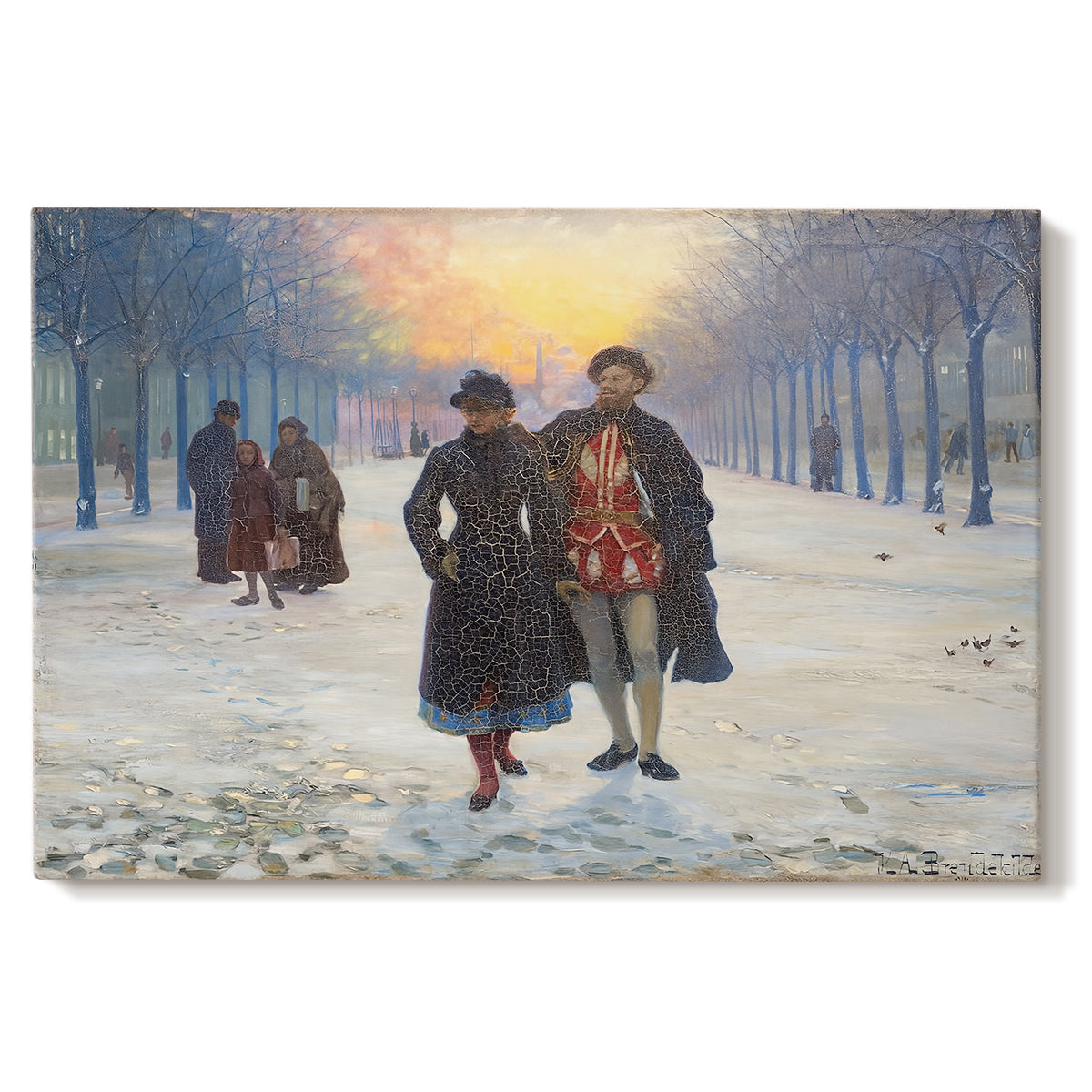 Canvas art print portraying figures walking through snowy street in quiet winter village scene, set against a white background