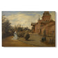 Canvas art print portraying a large house set along quiet street with figures and surrounding buildings, set against a white background