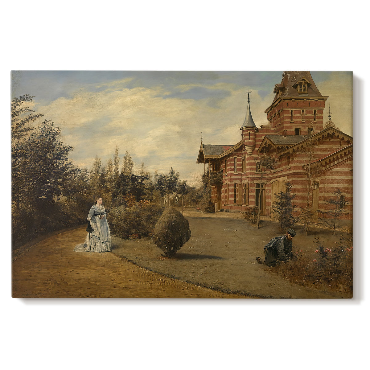 Canvas art print portraying a large house set along quiet street with figures and surrounding buildings, set against a white background