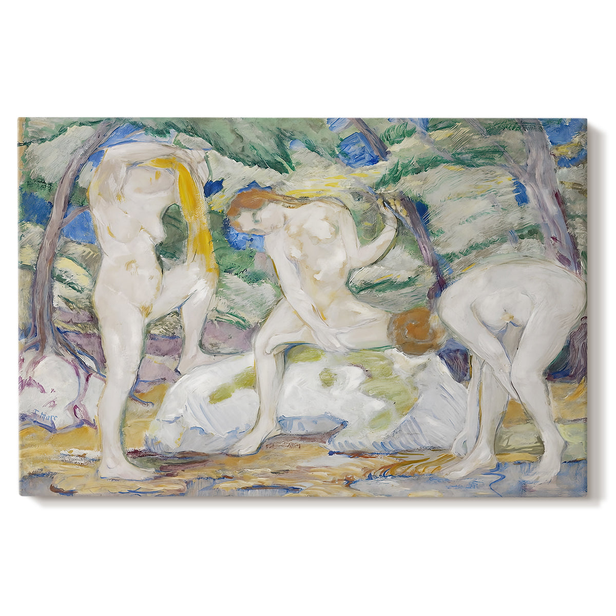 Canvas art print portraying abstracted figures of women bathing in colorful, fragmented landscape, set against a white background