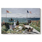 Canvas art print portraying a seaside garden with flowers, flags, and figures overlooking the water, set against a white background