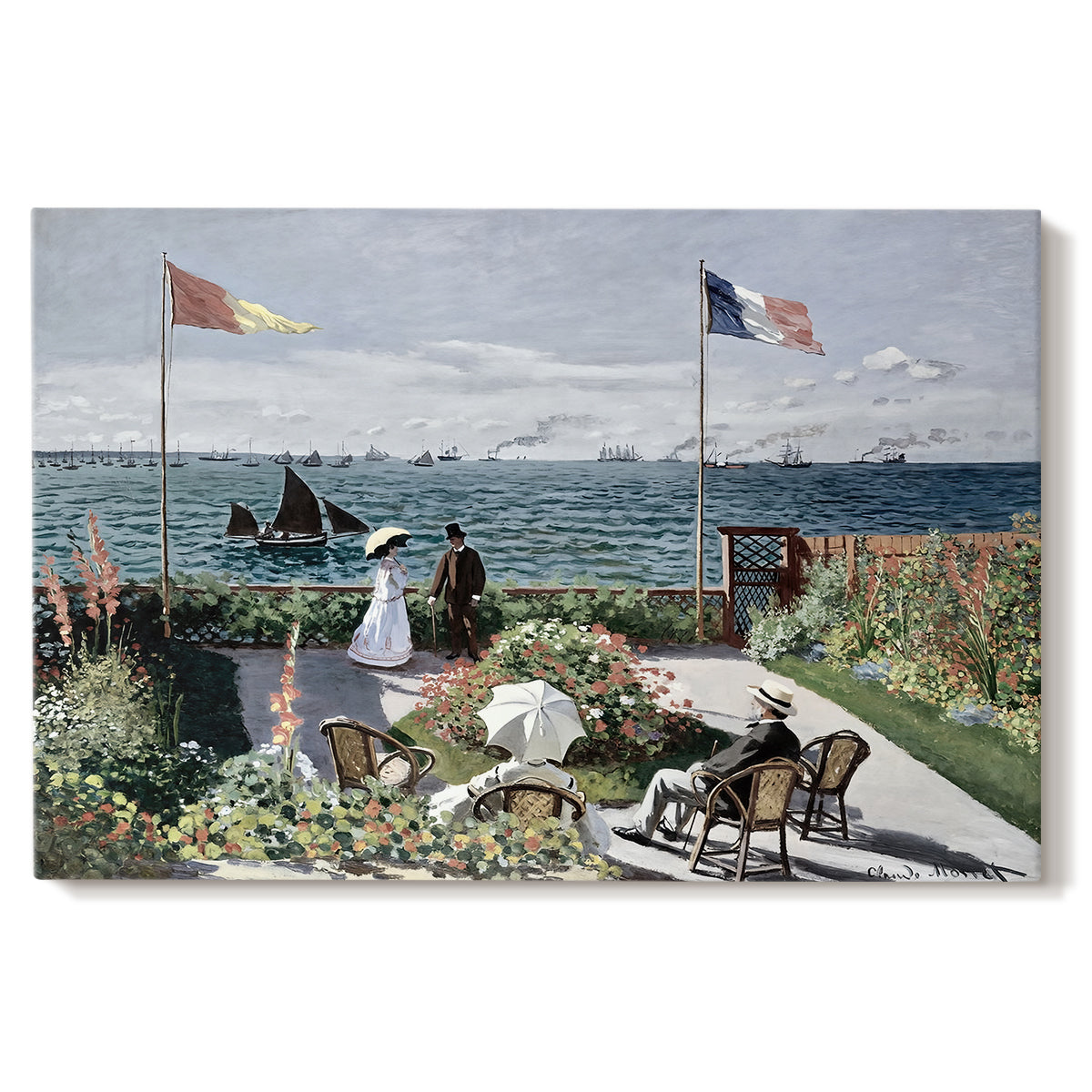 Canvas art print portraying a seaside garden with flowers, flags, and figures overlooking the water, set against a white background