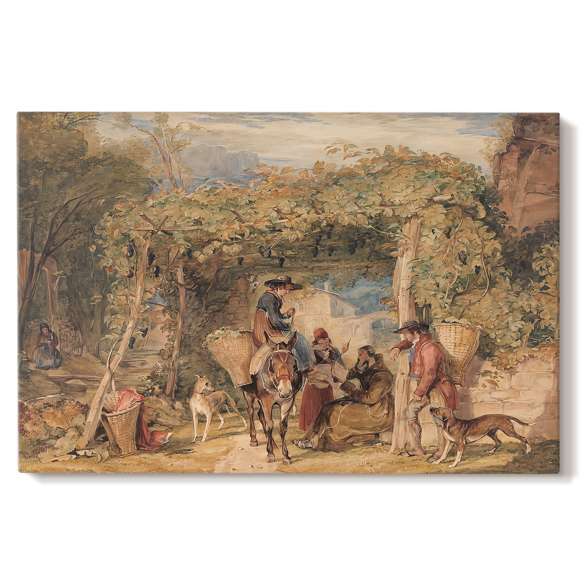Canvas art print portraying figures working among animals in vineyard landscape, set against a white background