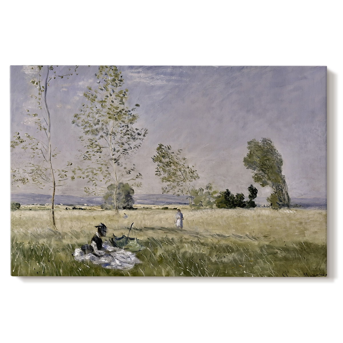 Canvas art print portraying a woman seated in grassy field beneath tree in bright summer landscape, set against a white background