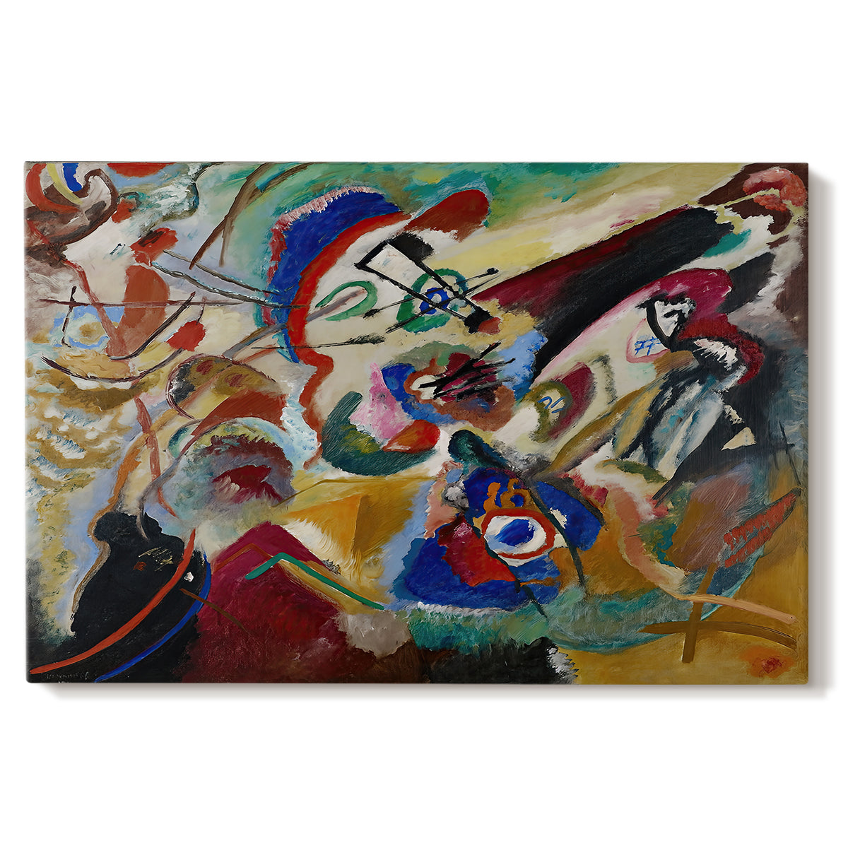 Canvas art print portraying a fragmented abstract study with intersecting lines and layered color elements, set against a white background