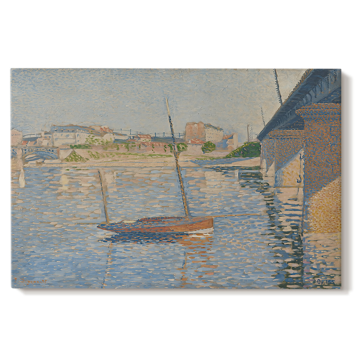 Canvas art print portraying boats docked along river with masts, set against a white background