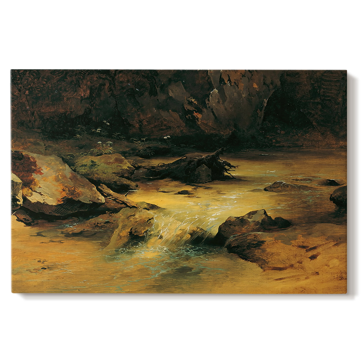 Canvas art print portraying a mountain stream flowing through rocky terrain, set against a white background