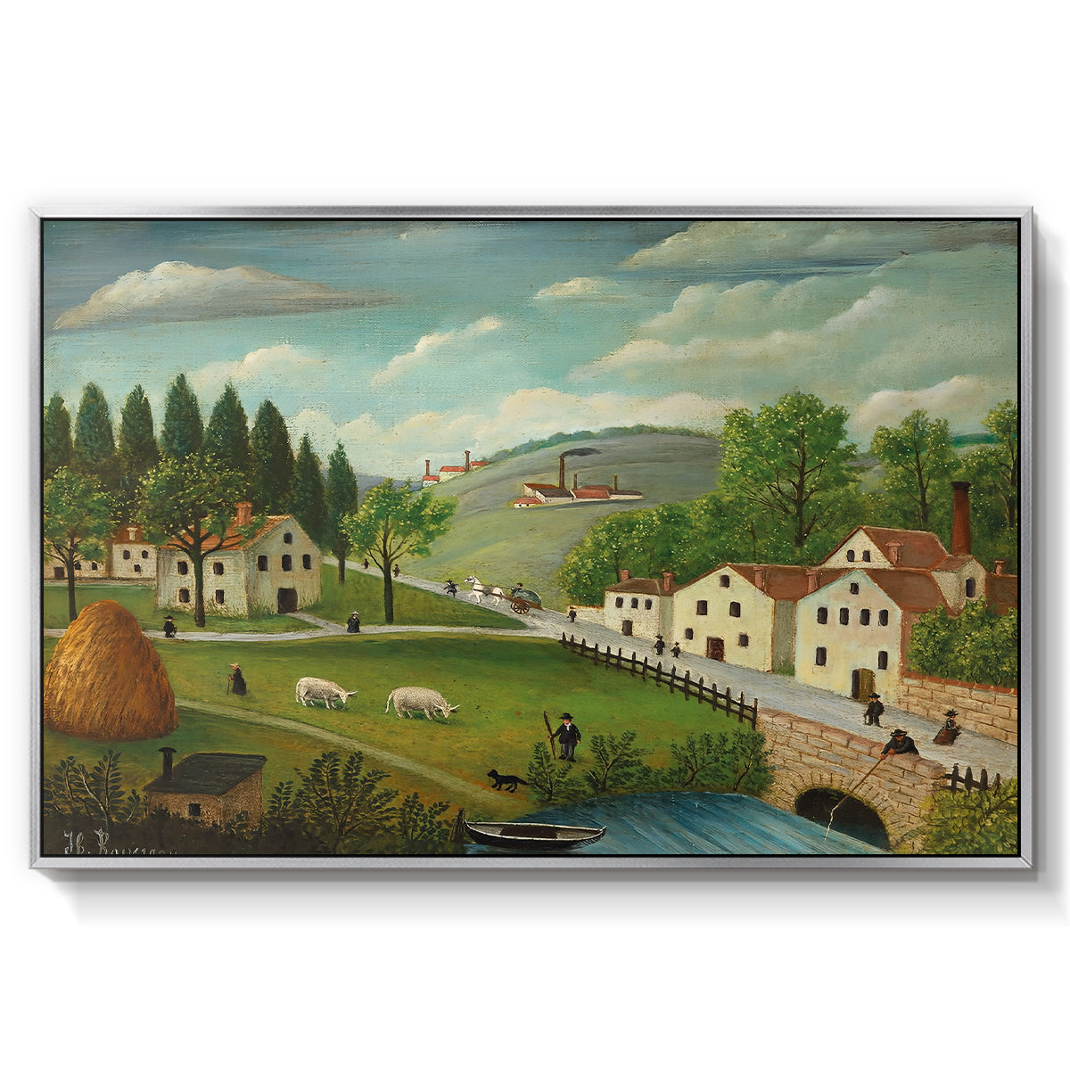 Pastoral Landscape with Stream, Fisherman and Strollers, 1875-1880 - Floater Framed Canvas Print