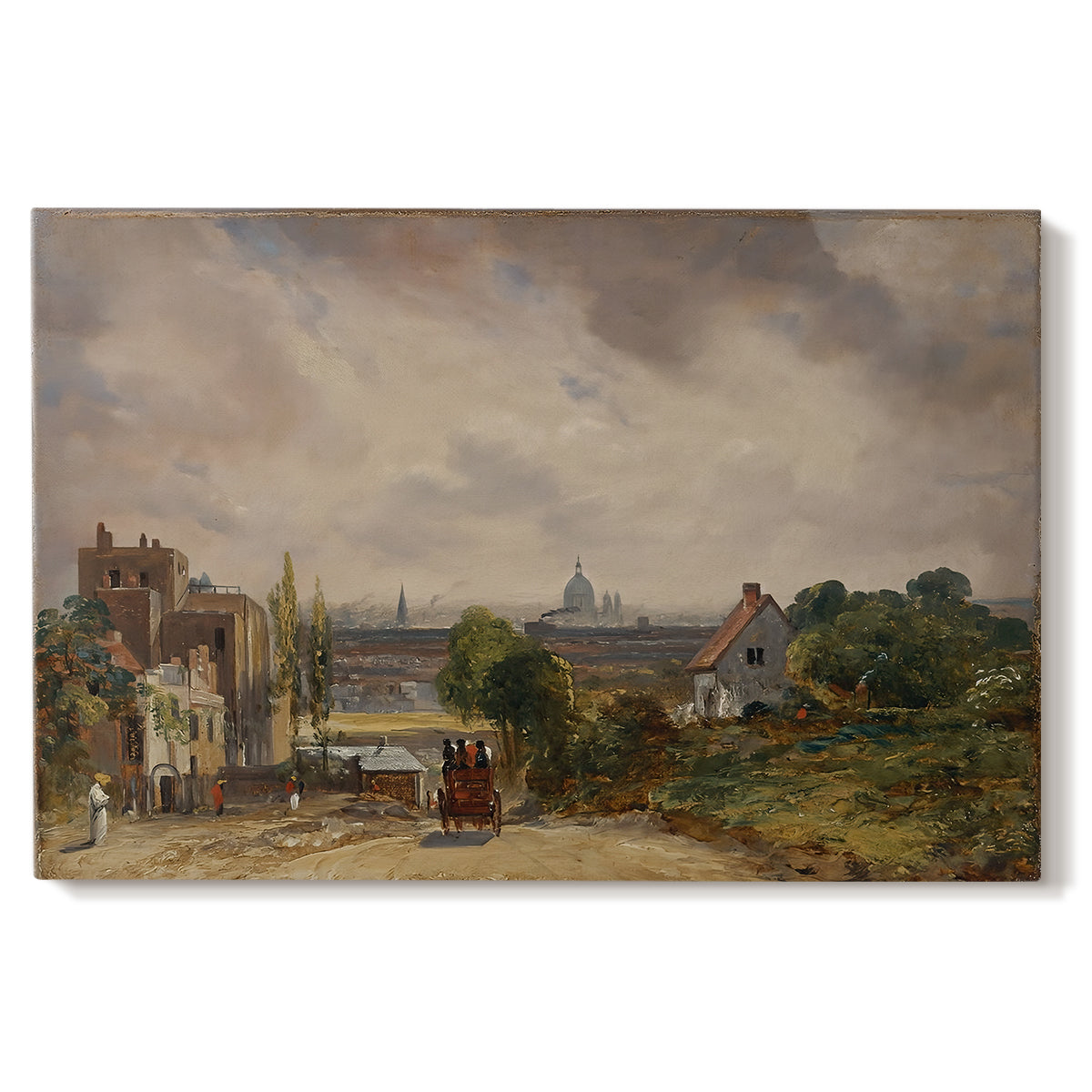Canvas art print portraying a small cottage among trees in rural setting, set against a white background