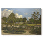 Canvas art print portraying a landscaped garden with trees, water, and open sky in peaceful setting, set against a white background