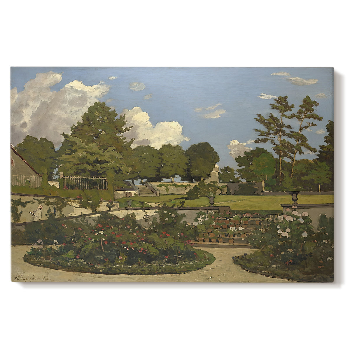 Canvas art print portraying a landscaped garden with trees, water, and open sky in peaceful setting, set against a white background