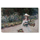 Canvas art print portraying a young girl seated in lush garden surrounded by blooming flowers, set against a white background