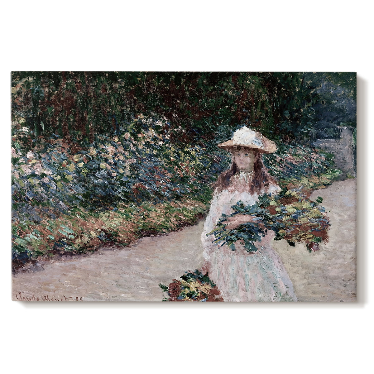 Canvas art print portraying a young girl seated in lush garden surrounded by blooming flowers, set against a white background