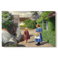 Canvas art print portraying people walking along village path beside houses in bright summer light, set against a white background