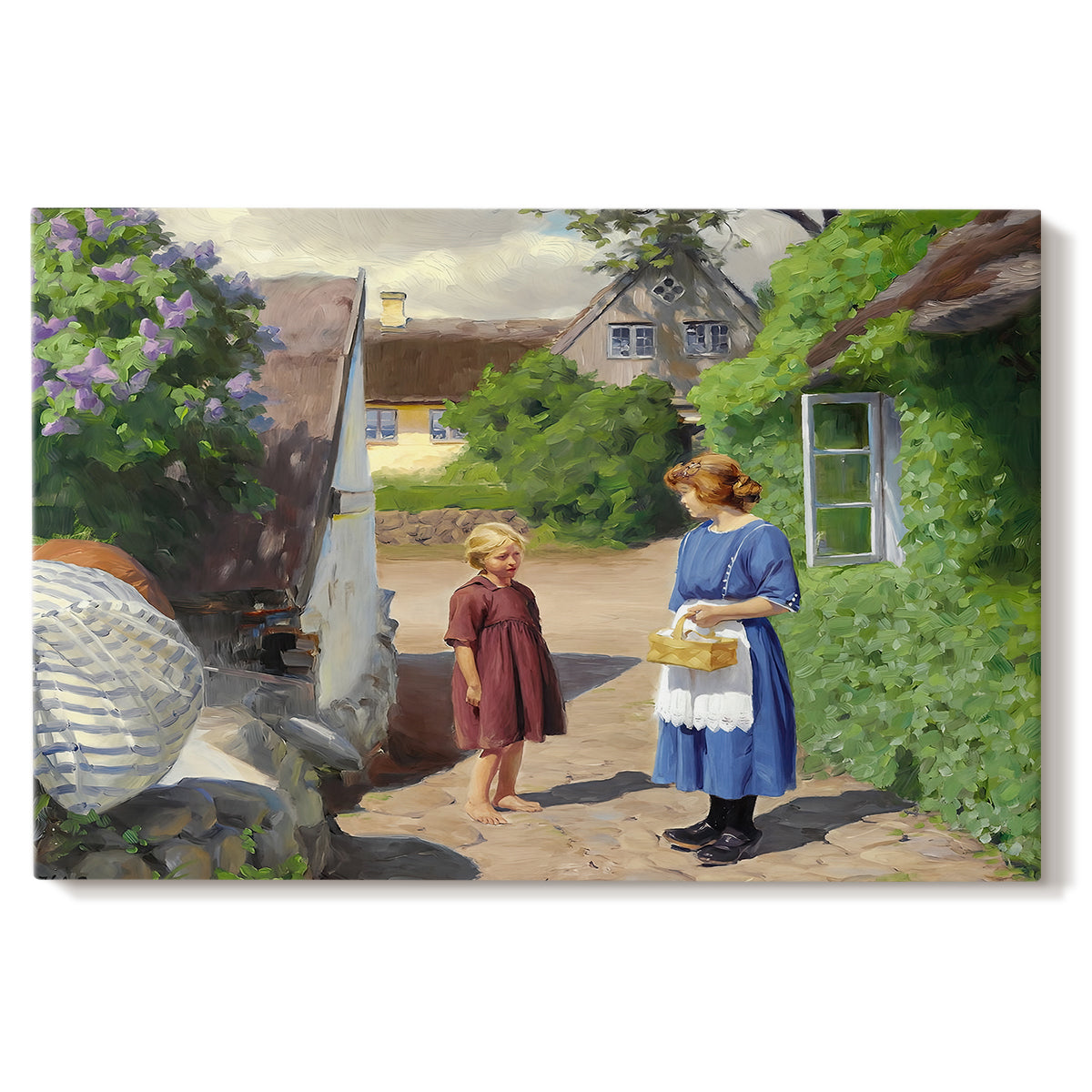 Canvas art print portraying people walking along village path beside houses in bright summer light, set against a white background