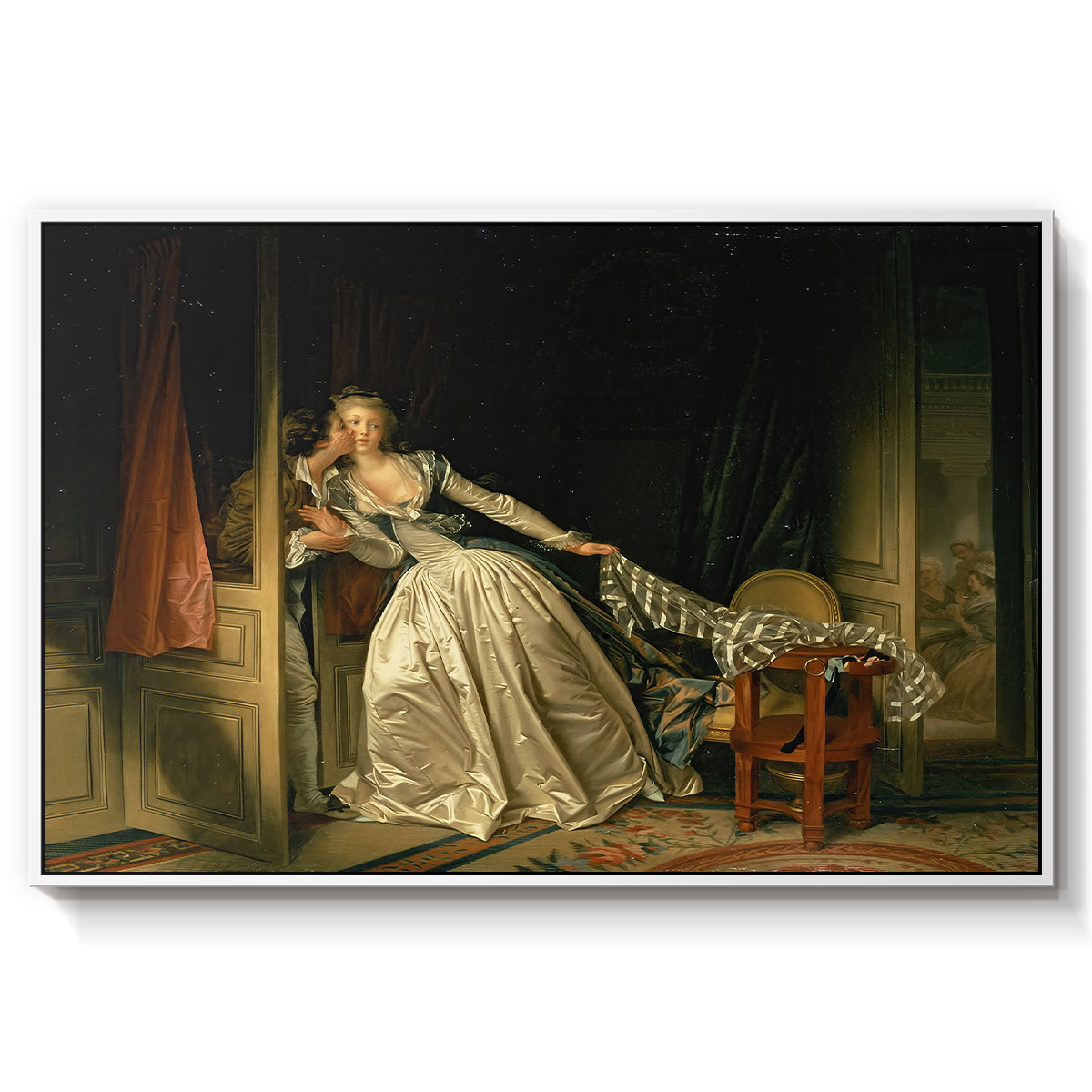 The Stolen Kiss (Le Baiser à la dérobée), c. 1788 - Floater Framed Canvas Print