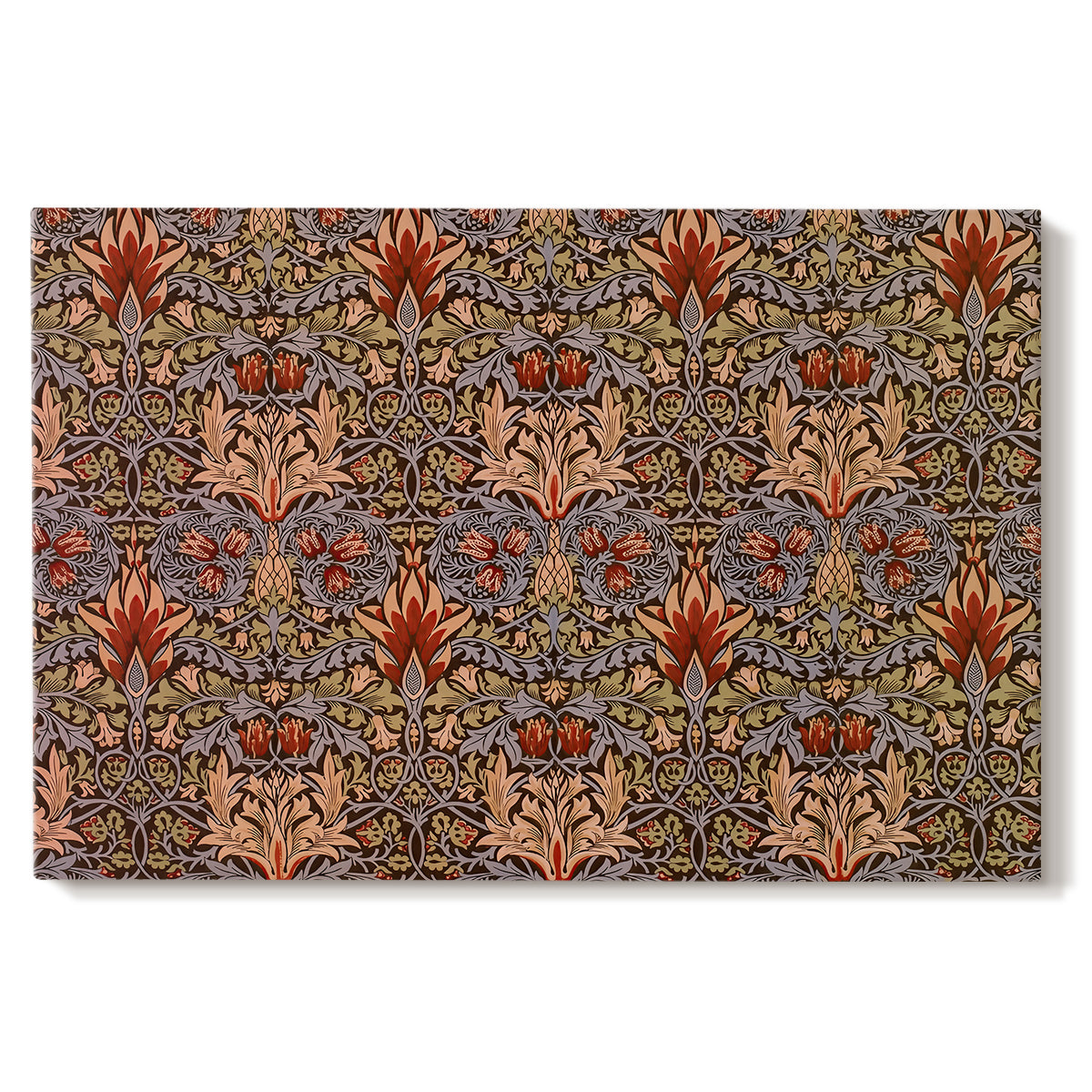 Canvas art print portraying a repeating pattern of stylized flowers with warm red tones and curved stems, set against a white background