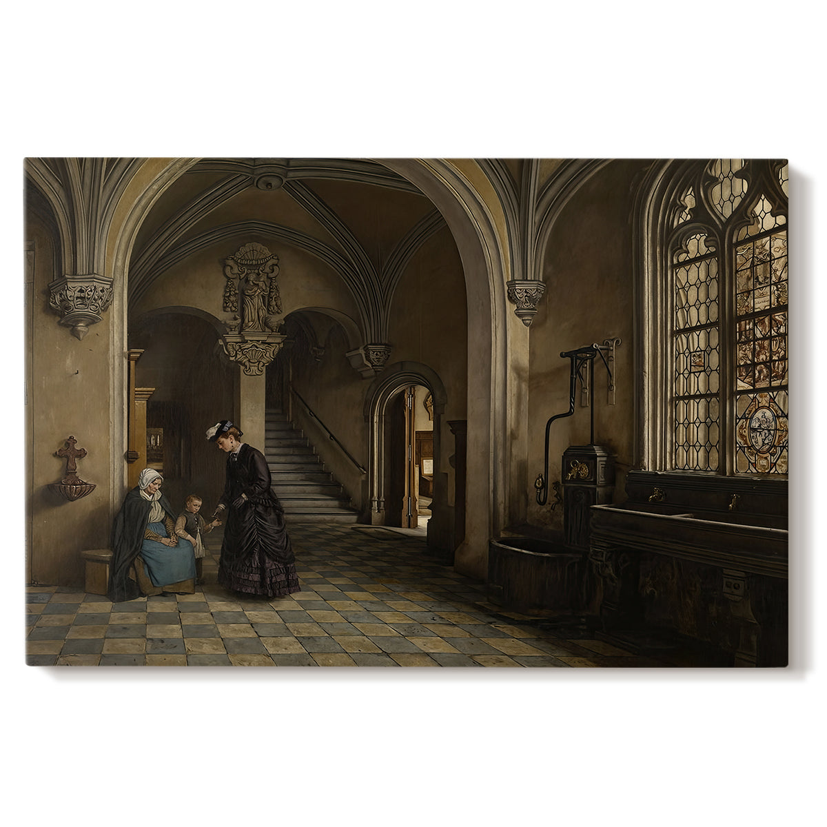 Canvas art print portraying a large church interior with arches, columns, and figures beneath vaulted ceiling, set against a white background