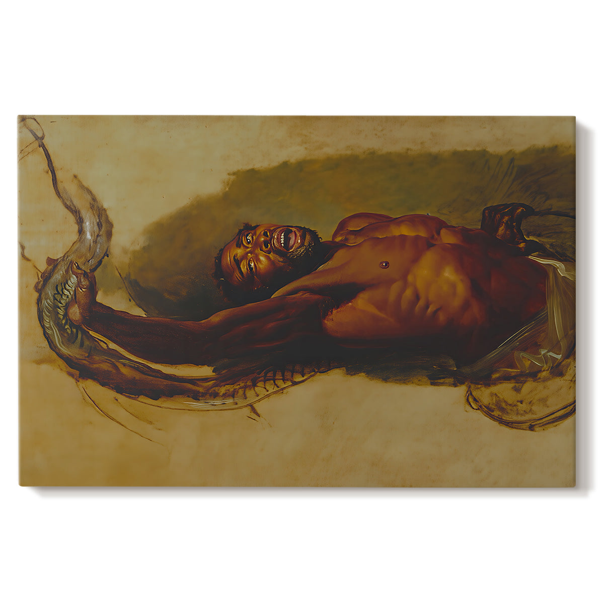 Canvas art print portraying a man grappling with large snake in dramatic physical struggle, set against a white background