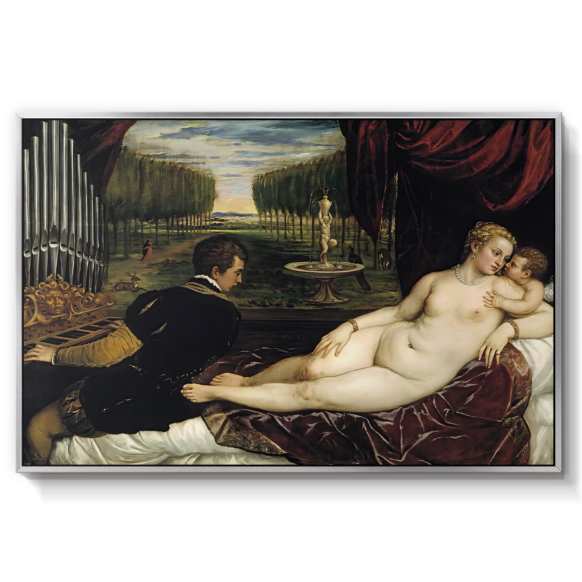 Venus with an Organist and Cupid, c. 1555 - Floater Framed Canvas Print