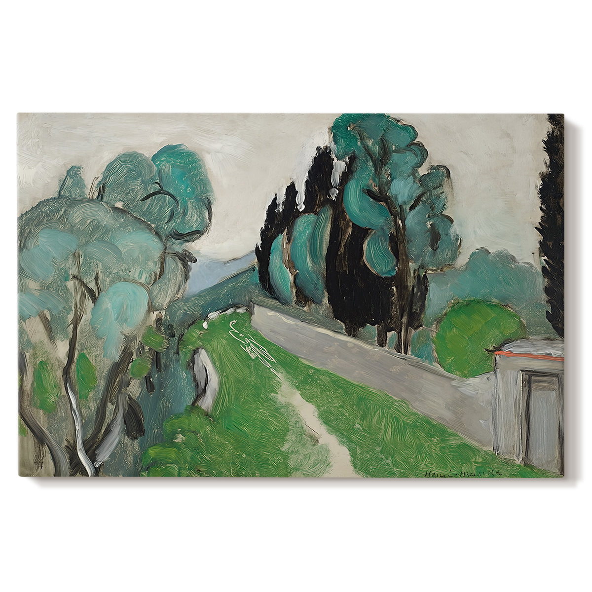 Canvas art print portraying a Mediterranean landscape with cypresses, olive trees, and rolling terrain, set against a white background